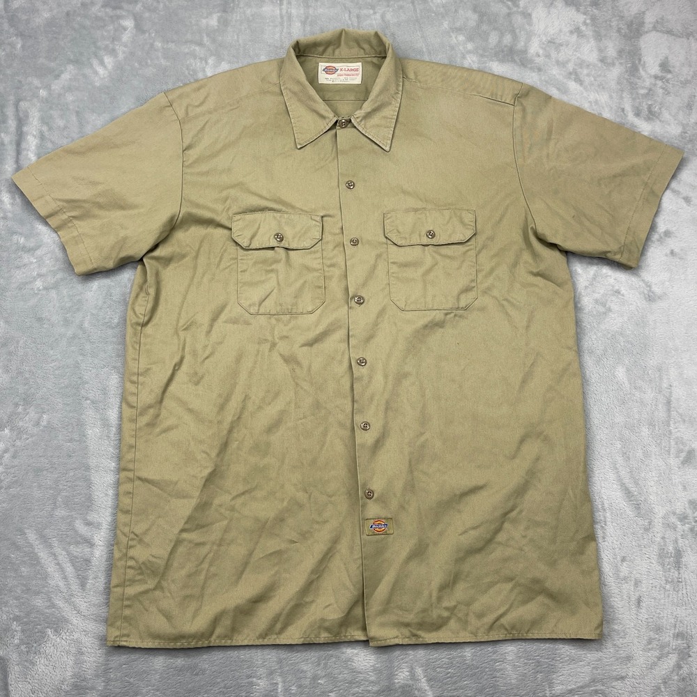 Dickies Workwear Shirt Mens XL Beige Flap Pocket Short Sleeve Button Up Outdoor